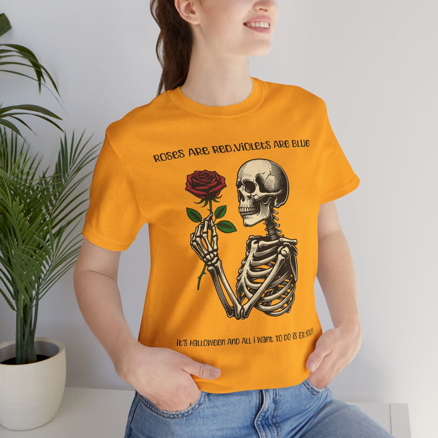 Skeleton Poetry Halloween Tee, Funny Unisex T-Shirt, Spooky Apparel, Rose Lover Gift, October Celebration Shirt