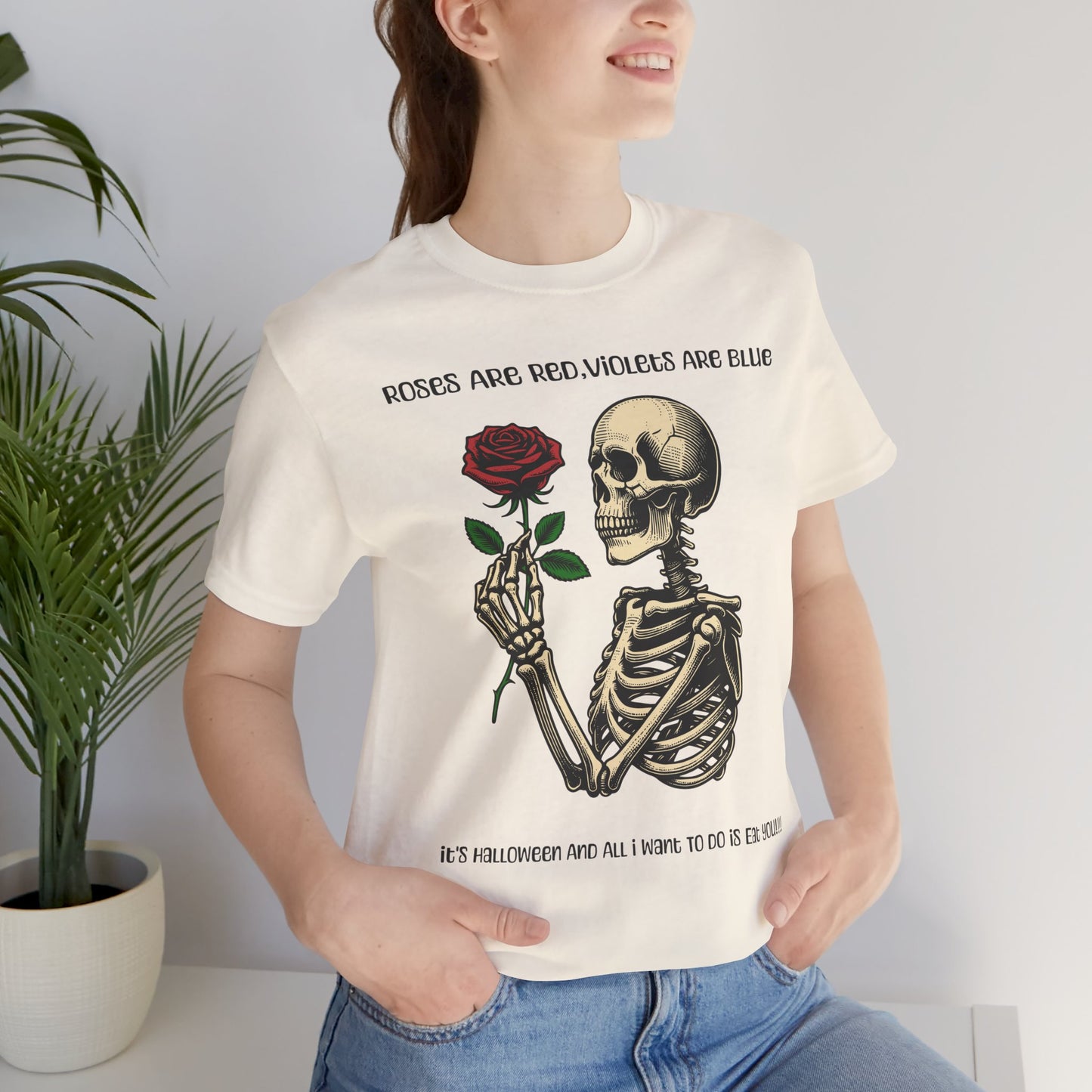 Skeleton Poetry Halloween Tee, Funny Unisex T-Shirt, Spooky Apparel, Rose Lover Gift, October Celebration Shirt