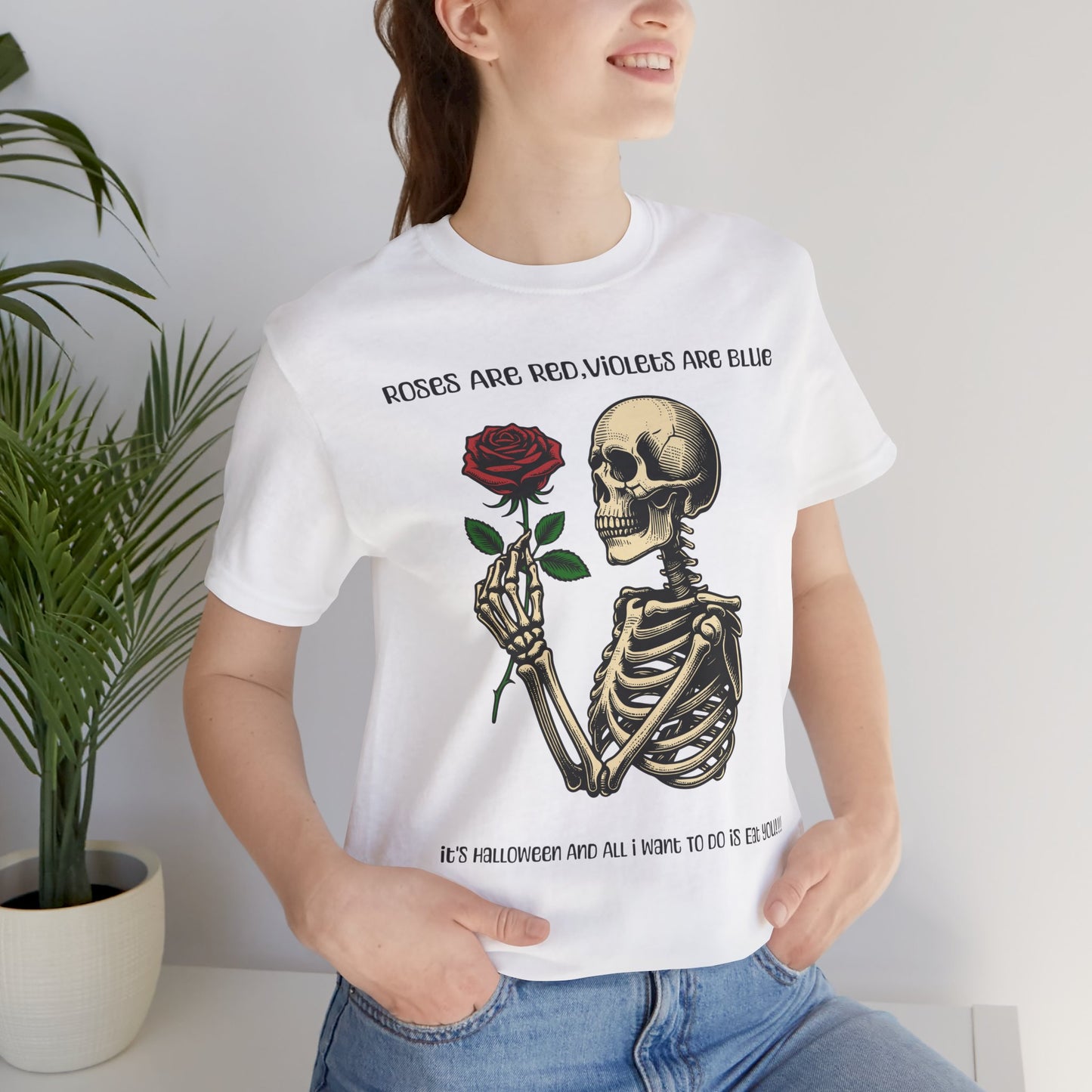 Skeleton Poetry Halloween Tee, Funny Unisex T-Shirt, Spooky Apparel, Rose Lover Gift, October Celebration Shirt