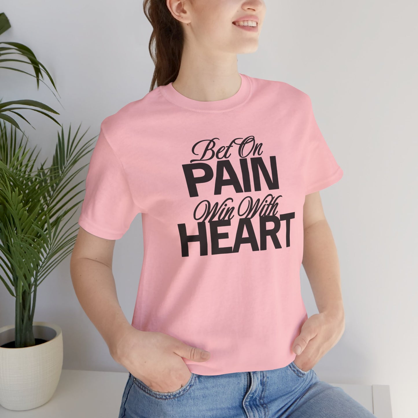Inspirational Unisex Jersey Tee - "Bet On Pain Win With Heart" - Motivational Shirt, Gift for Fitness Lovers, Self-Care Apparel, [...]