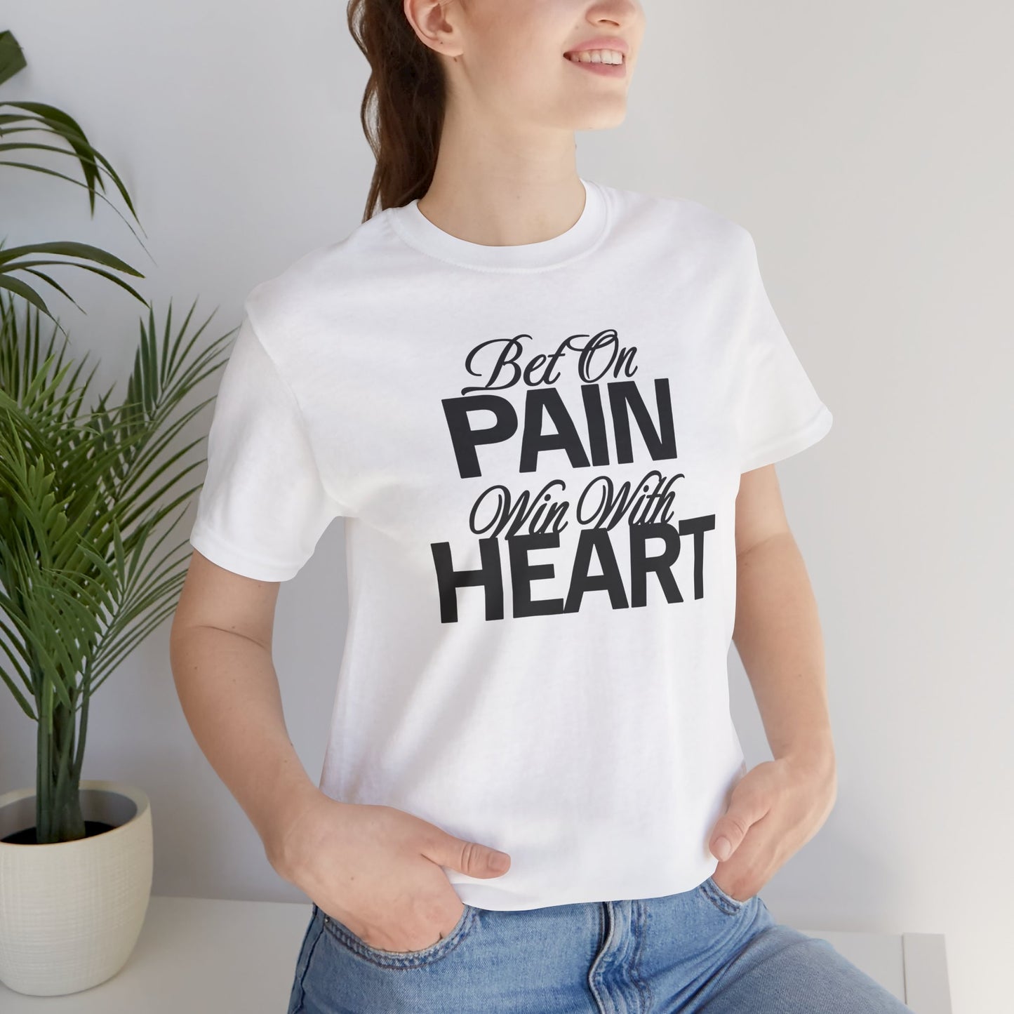 Inspirational Unisex Jersey Tee - "Bet On Pain Win With Heart" - Motivational Shirt, Gift for Fitness Lovers, Self-Care Apparel, [...]